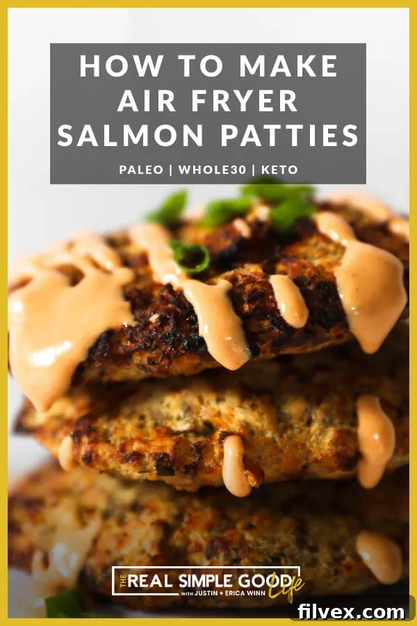 Stack of salmon patties with sauce on top and text overlay