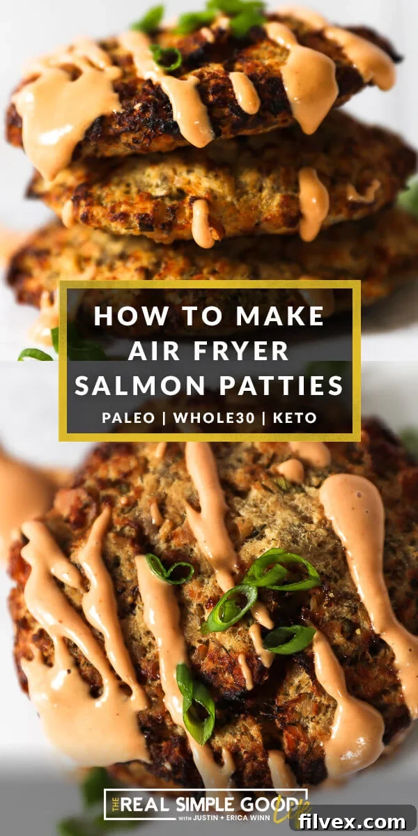 Vertical split image with text overlay in the middle. Top image of stack of salmon patties with sauce dripping down. Bottom image of patty with sauce drizzled on top. 