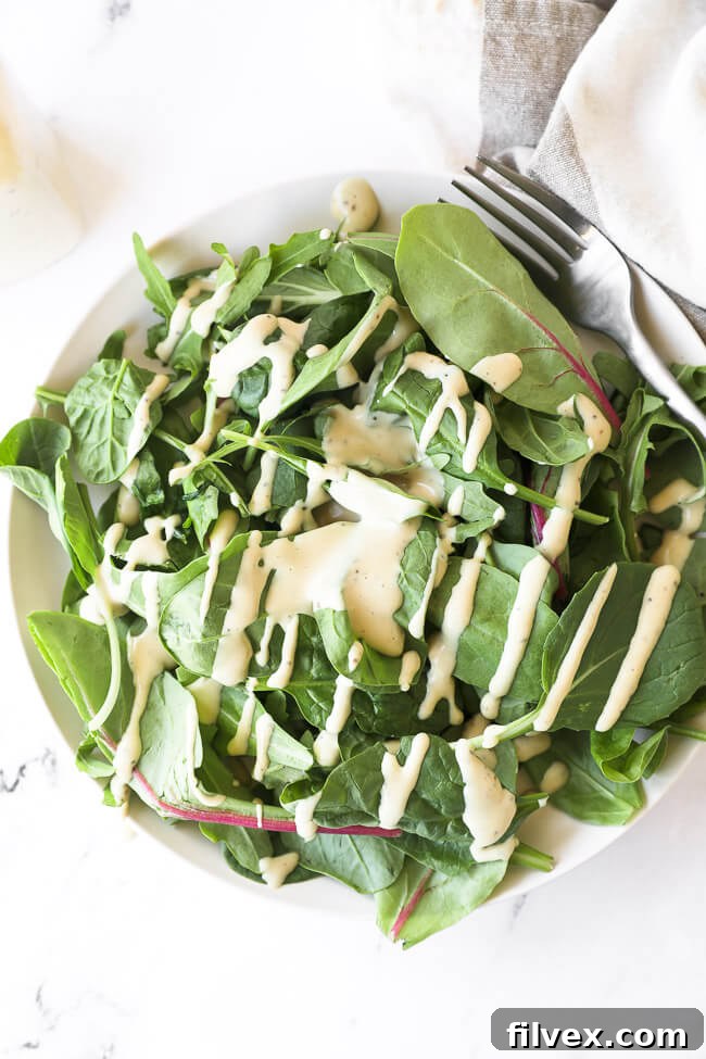 Plate of greens with homemade keto caesar salad dressing drizzled on top. The fresh, vibrant greens are perfectly complemented by the creamy, savory dressing, creating an appetizing meal.