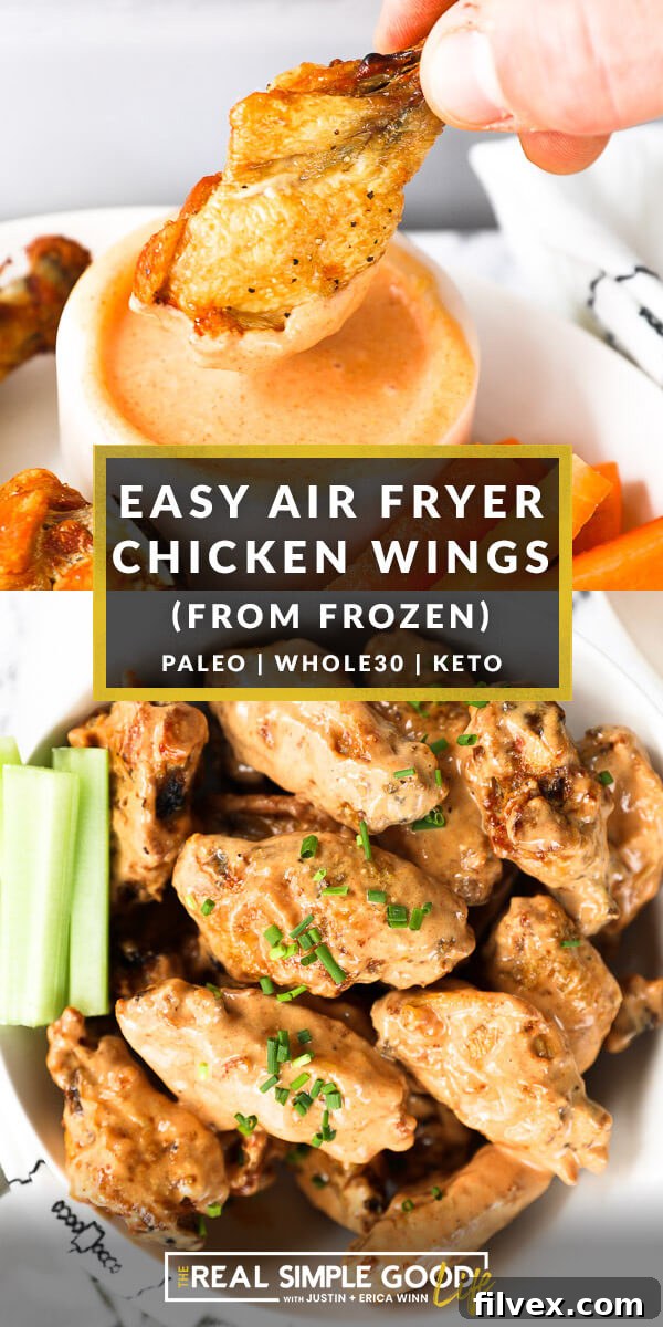 Split image with text in middle. Top shows a crispy chicken drumstick over dipping sauce, bottom shows a bowl of chicken wings tossed in creamy buffalo sauce