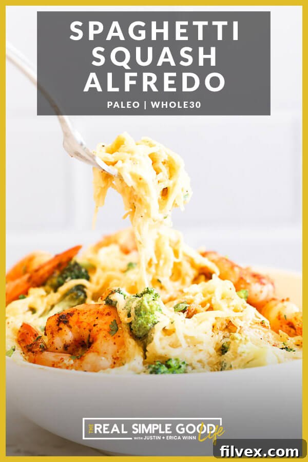 Image with text overlay at the top. Image of scooping a forkful of spaghetti squash alfredo out of a bowl. 
