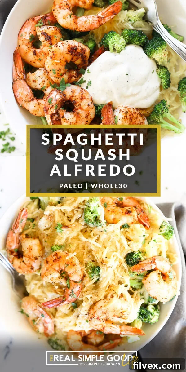 Vertical split image with text overlay in the middle. Top image of spaghetti squash shrimp and broccoli in a bowl with a big pour of alfredo sauce. Bottom image of a bowl full of spaghetti squash alfredo all mixed up. 