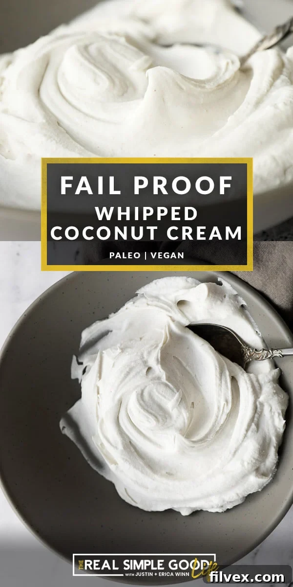 Vertical image with text overlay in the middle. Top image is angled shot of fluffy whipped coconut cream in a bowl. Bottom image is overhead shot of coconut whipped cream in a bowl with a spoon.