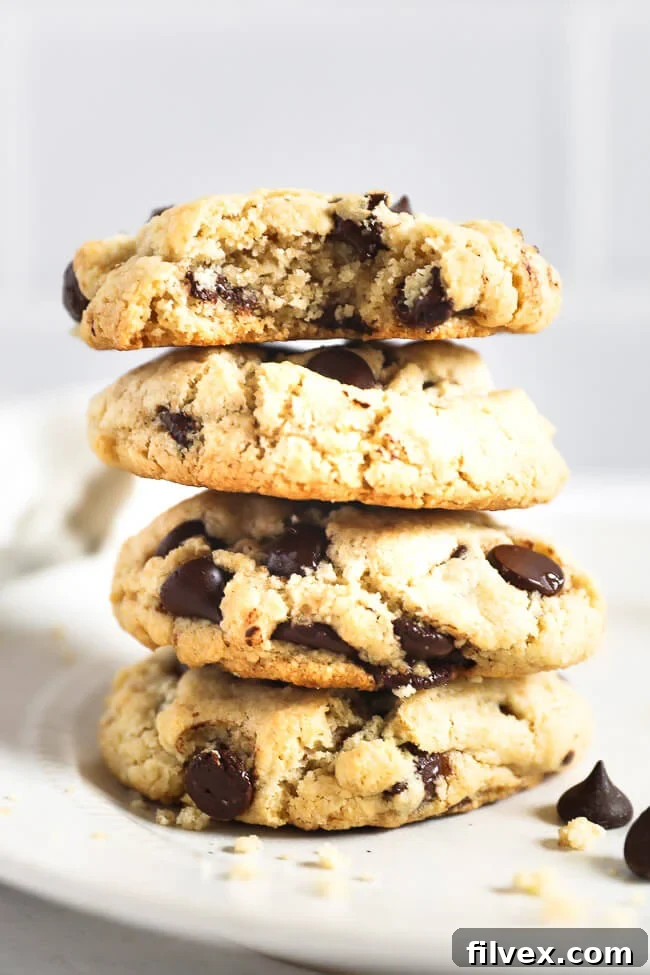 A stack of four vegan chocolate chip cookies and the top cookie has a bite taken out of it. 