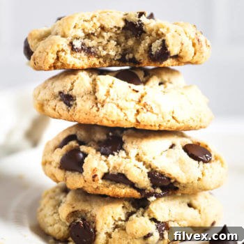 Stack of 4 vegan chocolate chip cookies and the top one has a bite taken out of it.