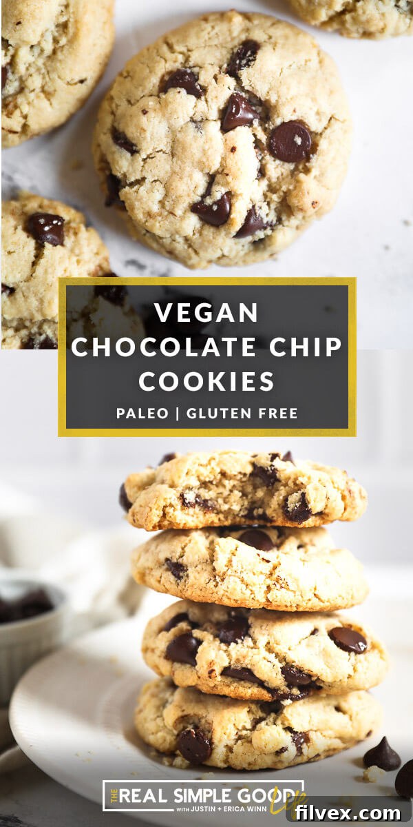 Vertical split image with text overlay in the middle. Top image is overhead of vegan cookies. Bottom image is of a stack of 4 chocolate chip cookies and the top one has a bite taken out of it. 