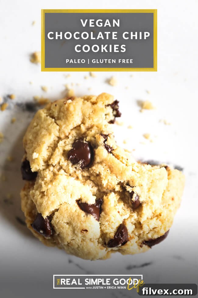 Close up of one vegan chocolate chip cookie with a bite taken out of it. Text overlay at top of image. 