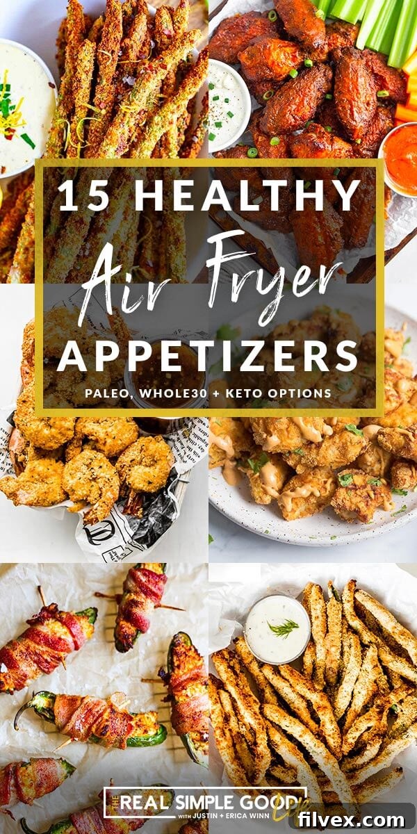 Collage of six images of air fryer appetizers with a text overlay