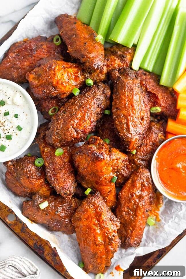 Air fryer buffalo wing with ranch, carrots, celery and buffalo dipping sauce