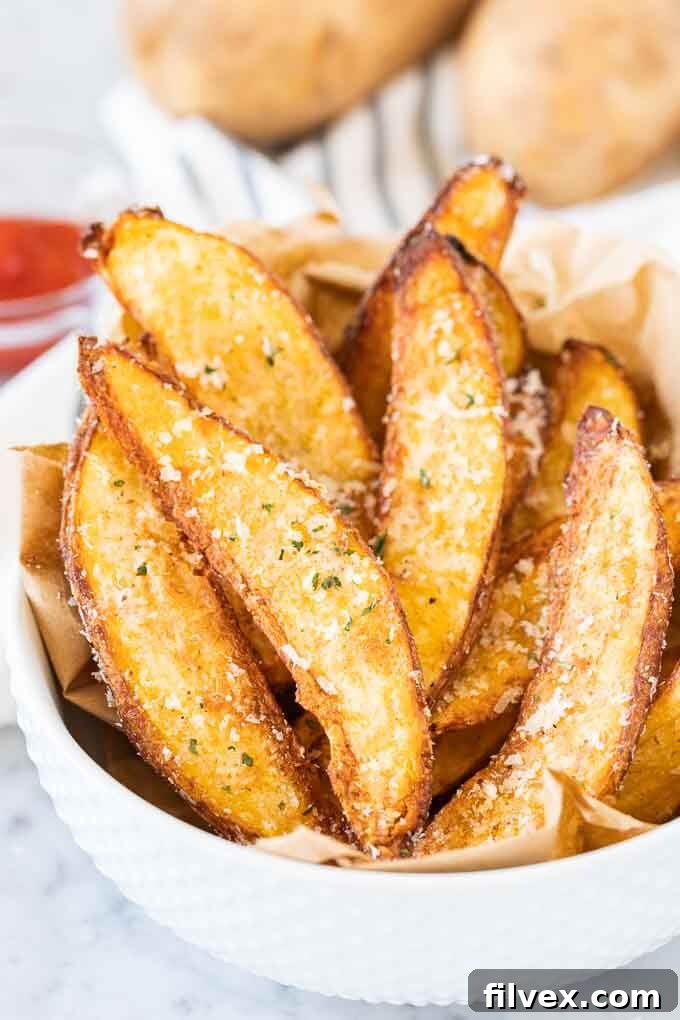 Air fryer potato wedges in a bowl with a sprinkle of parmesan cheese