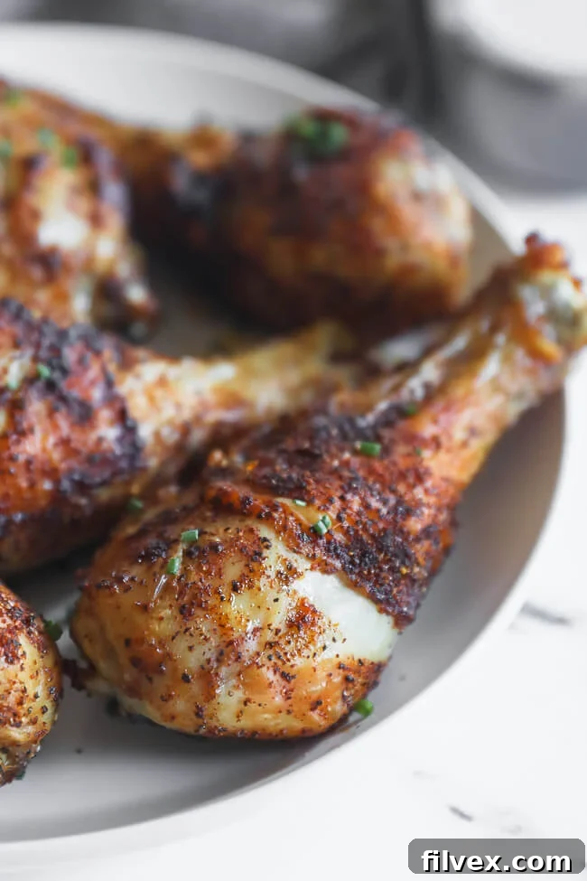 Close up angled image of air fried chicken drumstick on a plate