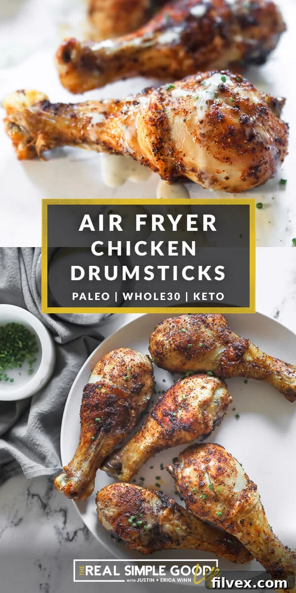 Vertical split image with text overlay in the middle. Top image is close angled shot of one drumstick with ranch drizzled on top. Bottom image of five drumsticks on a plate with chives on top. 