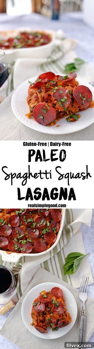 A smaller, vertical image showcasing a full casserole dish of the baked Paleo Lasagna, with a serving spoon poised to scoop out a hearty portion. This emphasizes the dish's generous servings and its potential as a convenient meal prep option.