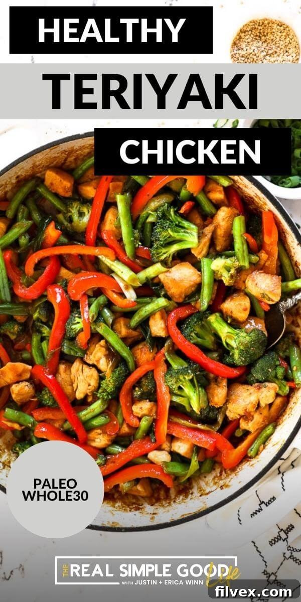 Overhead image with text overlay at the top. Image of teriyaki chicken in skillet with serving spoon. 