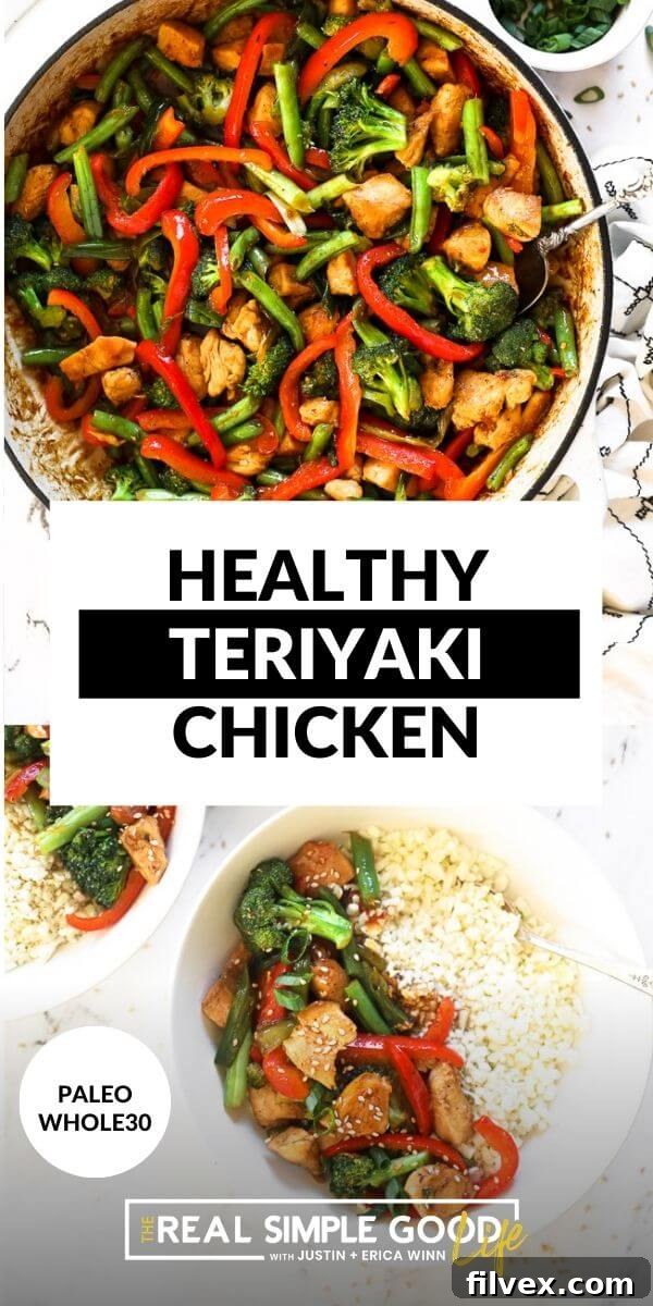 Vertical split image with text overlay in the middle. Top image of teriyaki chicken in skillet with serving spoon. Bottom image of chicken and veggies served in a bowl with cauliflower rice. 