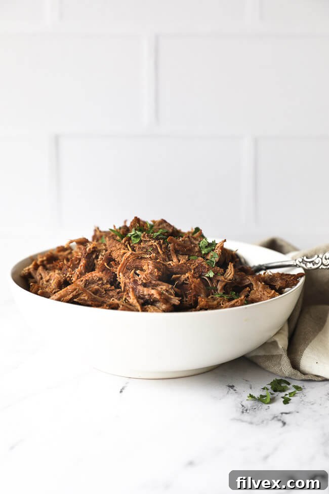 Straight on shot of bowl of shredded instant pot beef