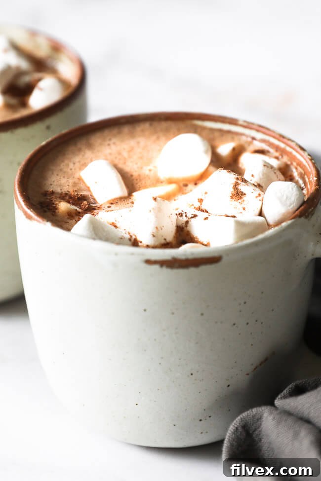 Close up angled image of a mug of dairy free hot cocoa with marshmallows and cocoa powder sprinkled on top. 