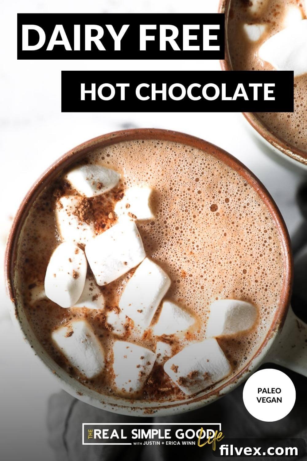 Overhead image with text overlay at the top. Image of mug of dairy free hot chocolate with marshmallows on top and a sprinkle of cocoa powder on top. 