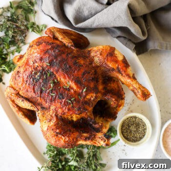 Overhead image of a whole roasted chicken on a platter after cooked in the air fryer, ready to serve.