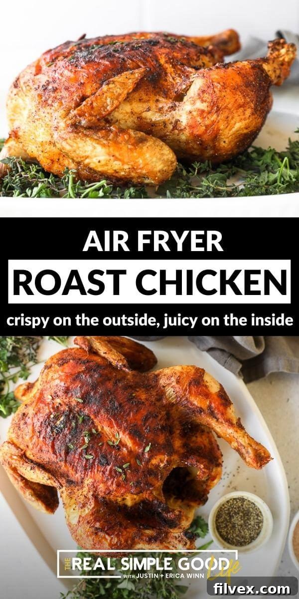 Close-up of the crispy skin on an air fryer whole chicken, showing its succulent texture.