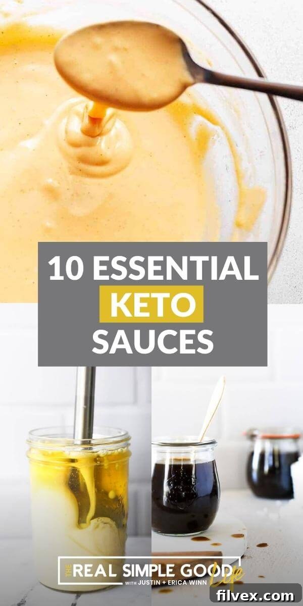 Collage picture with keto cheese sauce, mayo and stir fry sauce. Text overlay in middle, depicting a variety of essential keto sauces.