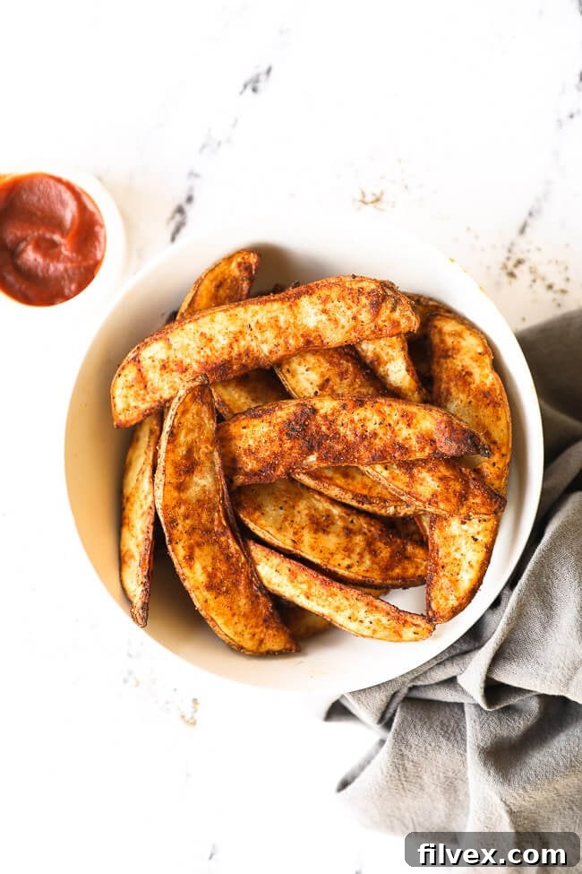 Overhead image of air fryer potato wedges piled in a bowl with ketchup on the side. 