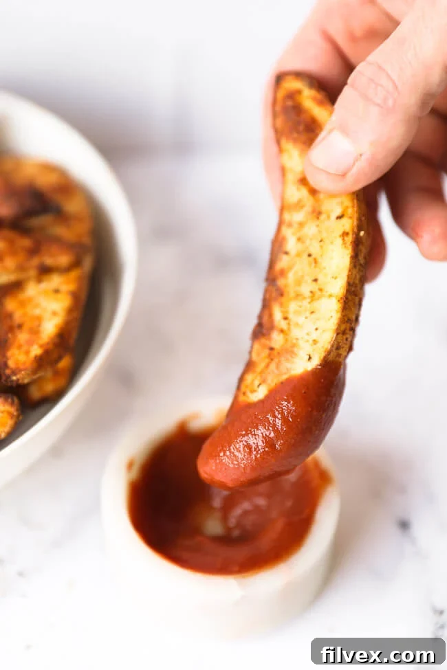 Angled image of dipping one air fryer potato wedge into ketchup. 