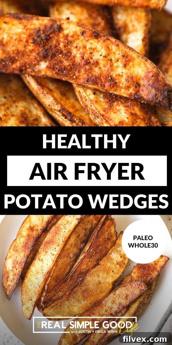 Vertical split image with text overlay in the middle. Top image is close up of potato wedges. Bottom image of air fryer potatoes lined up on a plate. 
