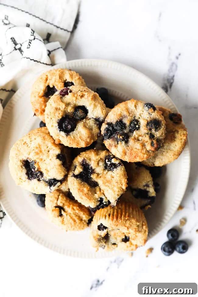 Vertical overhead image of a plate piled with golden-brown, fluffy gluten-free blueberry muffins, showcasing their tempting texture.