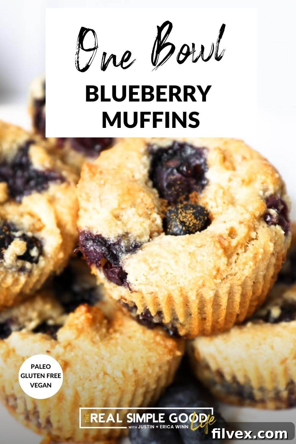 Vertical image of gluten-free blueberry muffins stacked on a plate, with a text overlay at the top that reads 'One-Bowl Gluten-Free Blueberry Muffins'.