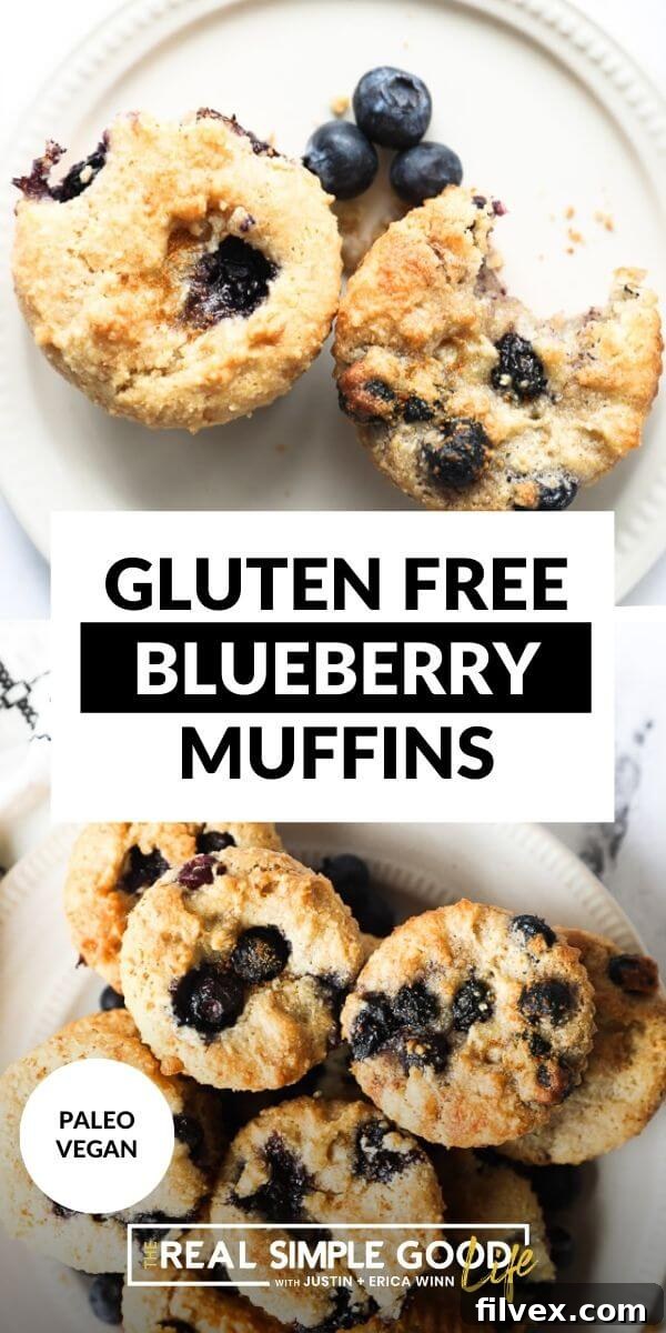 Vertical split image: Top half shows two blueberry muffins on a plate, one with a bite taken. Bottom half is an overhead view of fresh blueberries scattered on a surface.