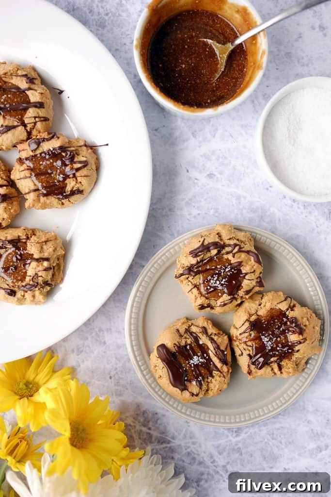 Salted caramel thumbprint cookies - a delicious gluten-free, dairy-free, refined sugar-free treat.