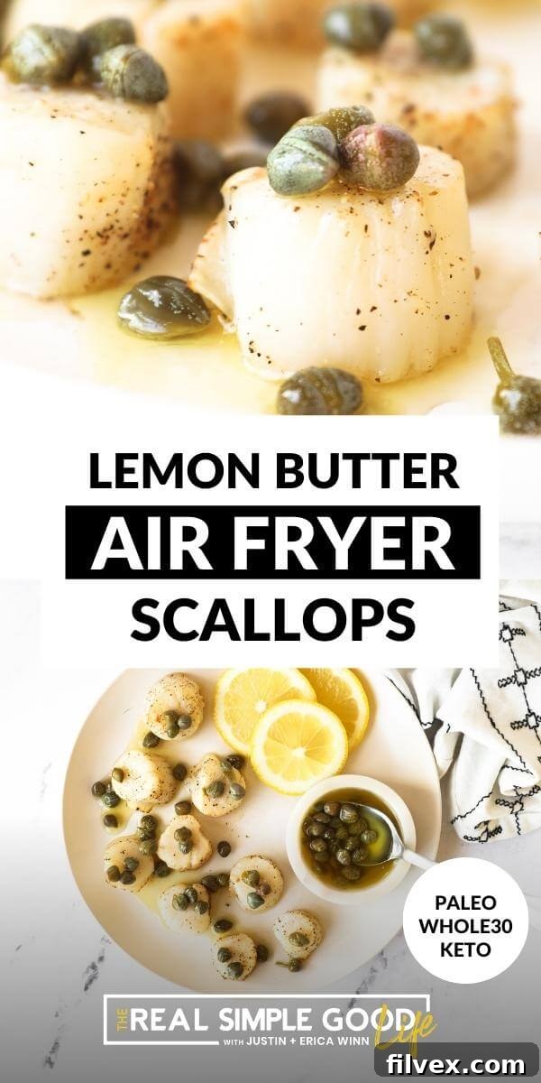 Split image with text in middle. Close up of scallops and sauce on top and overhead of scallops on a plate with lemon butter sauce on bottom