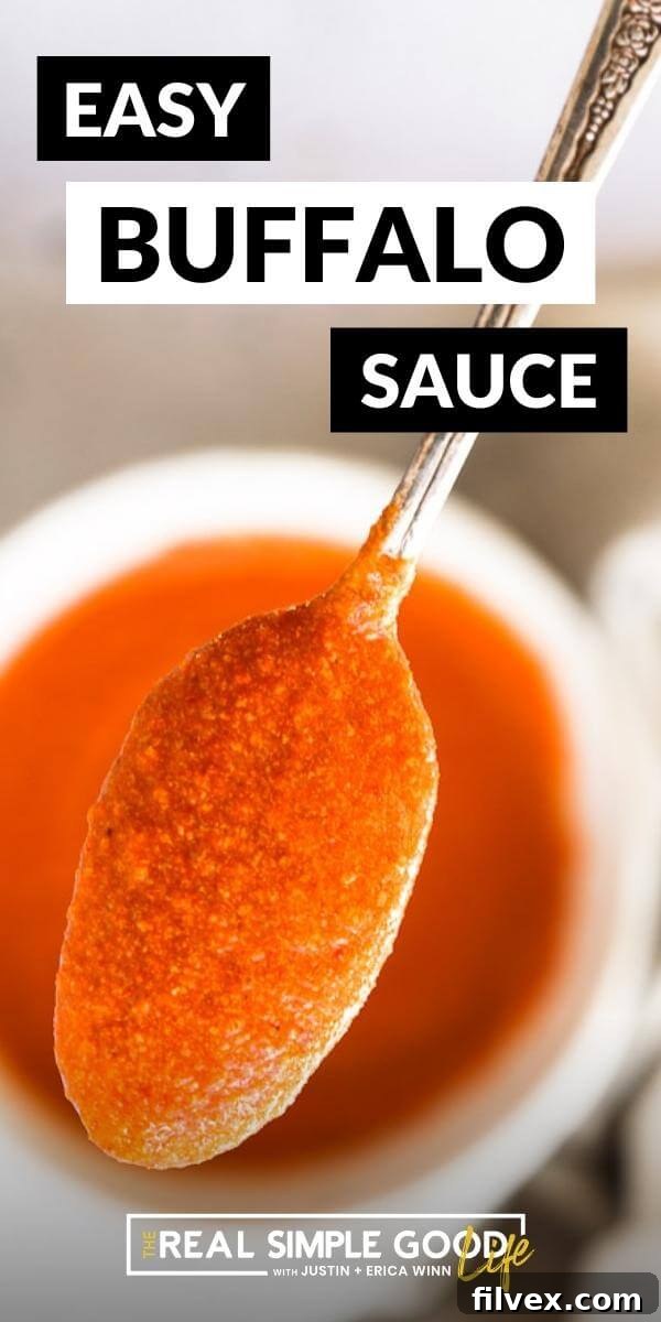 Close-up of a spoonful of vibrant keto buffalo sauce, with text overlay encouraging sharing.