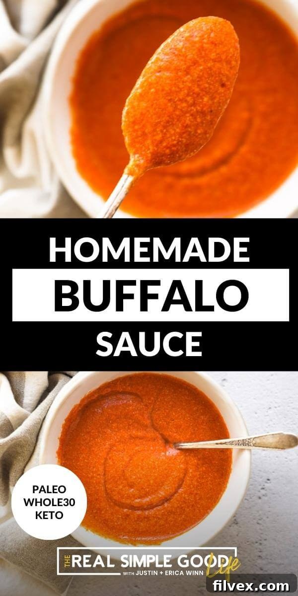 Split image with text in middle. Spoonful of sauce on top and ramekin full of sauce on bottom, highlighting the sauce's texture and versatile presentation.