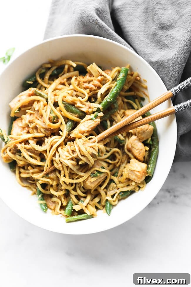 Overhead image of peanut butter chicken and sweet potato noodles in a bowl with some noodles spun around chopsticks. 