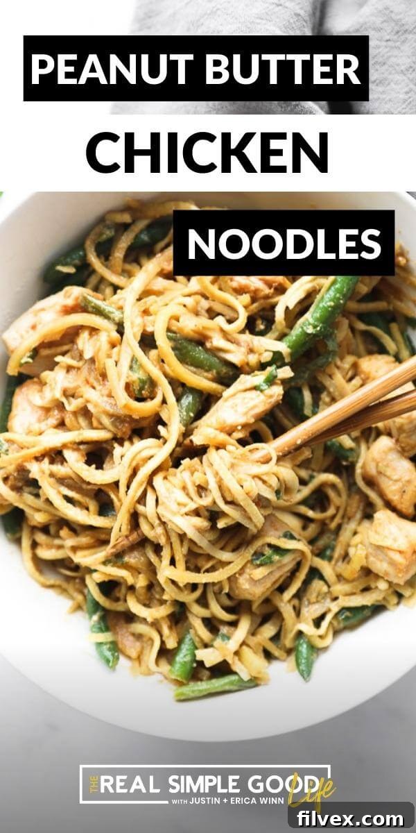 Vertical image with text overlay at the top. Close up of peanut butter chicken and noodles in a bowl with chopsticks. 