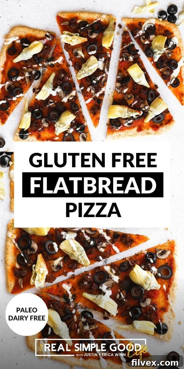 Vertical split image featuring two views of flatbread pizza. The top shows pieces in a horizontal line, while the bottom shows them lined up vertically.