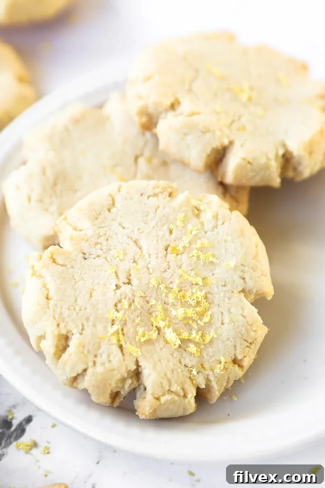 Close up angled shot of three shortbread cookies on a plate with lemon zest sprinkled on top. Delicious gluten-free lemon shortbread cookies, perfect for any occasion.