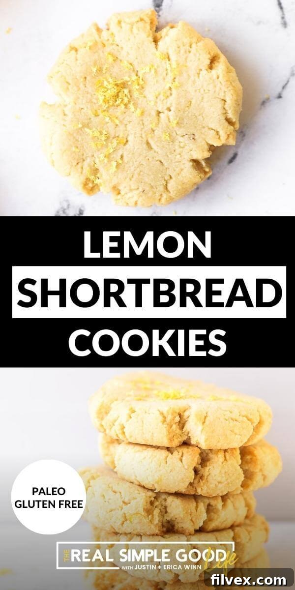 Vertical split image with text overlay in the middle. Top image of one cookie with lemon zest sprinkled on top. Bottom image of a stack of shortbread cookies. A visual guide to making the best gluten-free lemon shortbread cookies, showcasing the delightful texture and fresh lemon zest.
