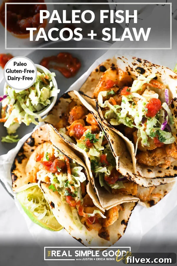 Vertical image with text overlay at the top. Image is of three tacos on a plate with slaw topper. 