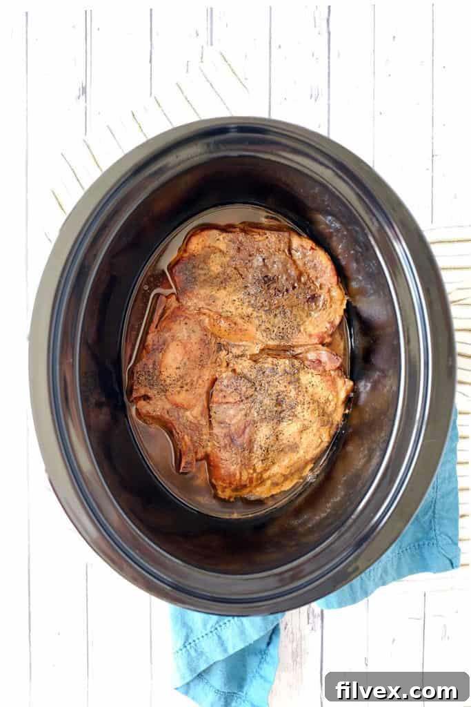 Crockpot honey balsamic pork chops in a bowl with rice