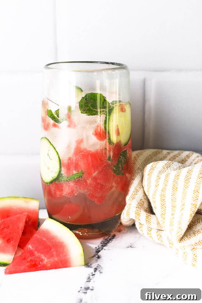 One tall glass filled with watermelon, cucumber, mint, ice, sparkling water and a little sweetener. A great summer mocktail. 