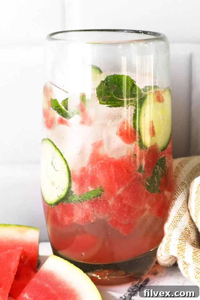 Close up of tall glass filled with watermelon cucumber mojito mocktail. 