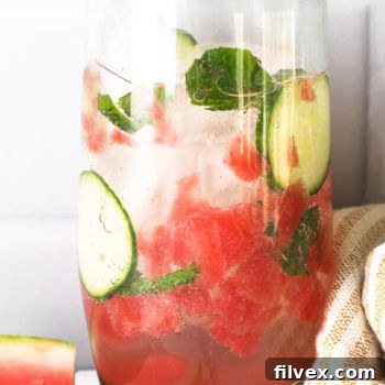 Tall glass filled with watermelon cucumber mojito mocktail