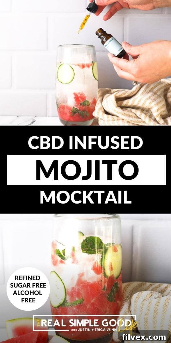 Vertical split image with text overlay in the middle. Top image of adding dropper of CBD to glass. Bottom image of watermelon mojito mocktail in a tall glass. 