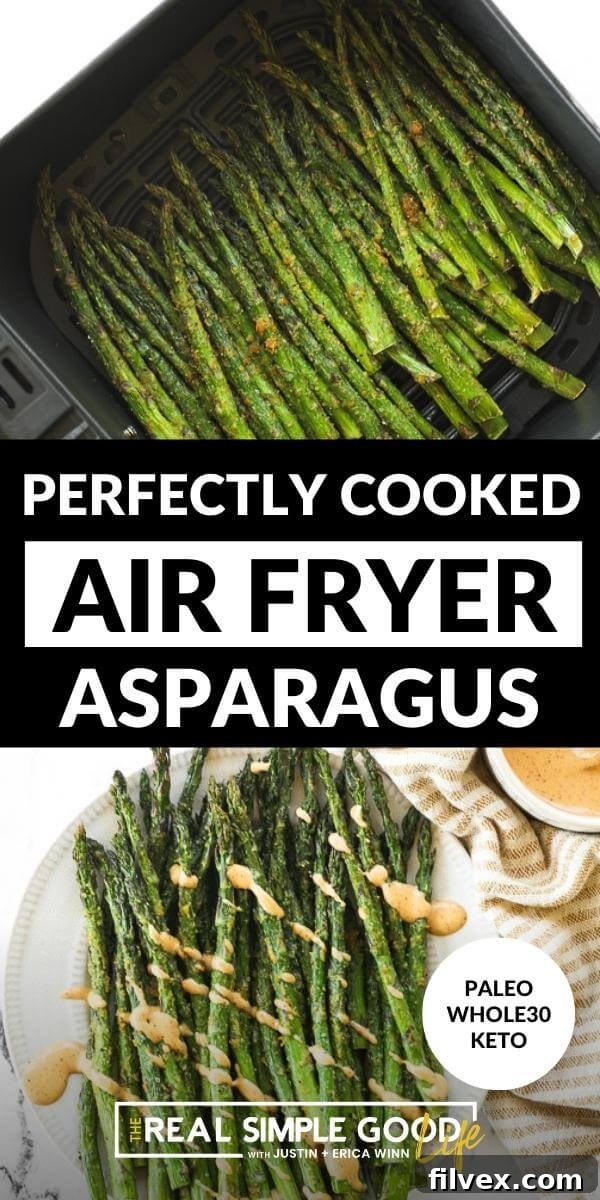 Vertical split image: top shows asparagus in air fryer basket, bottom shows cooked asparagus with chipotle aioli.