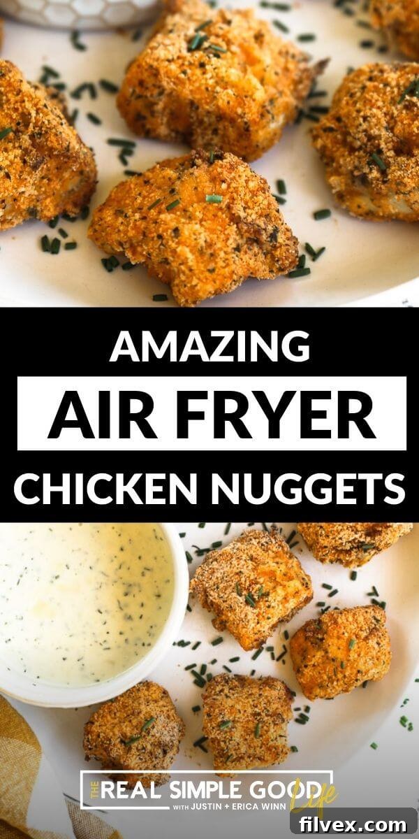 A vertical split image with a text overlay in the middle. The top image shows an angled close-up of crispy air fryer chicken nuggets. The bottom image shows an overhead shot of nuggets on a plate.