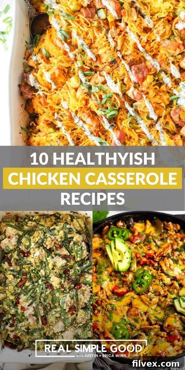 Vertical collage showcasing three delectable chicken casserole dishes. Top image features a vibrant buffalo chicken casserole with a spicy kick. The bottom left shows a creamy spinach artichoke chicken casserole, rich and golden. On the bottom right, a colorful fajita chicken casserole bursts with Tex-Mex flavors.