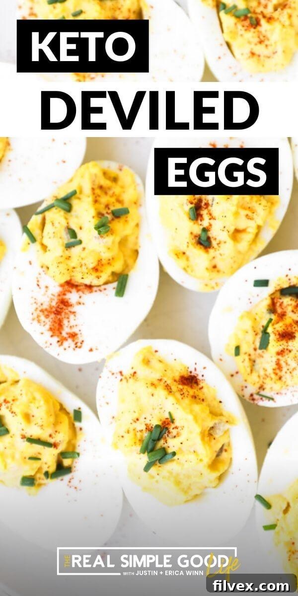 Overhead shot of a full tray of low carb deviled eggs, perfectly arranged and ready to be served at a large gathering or party.